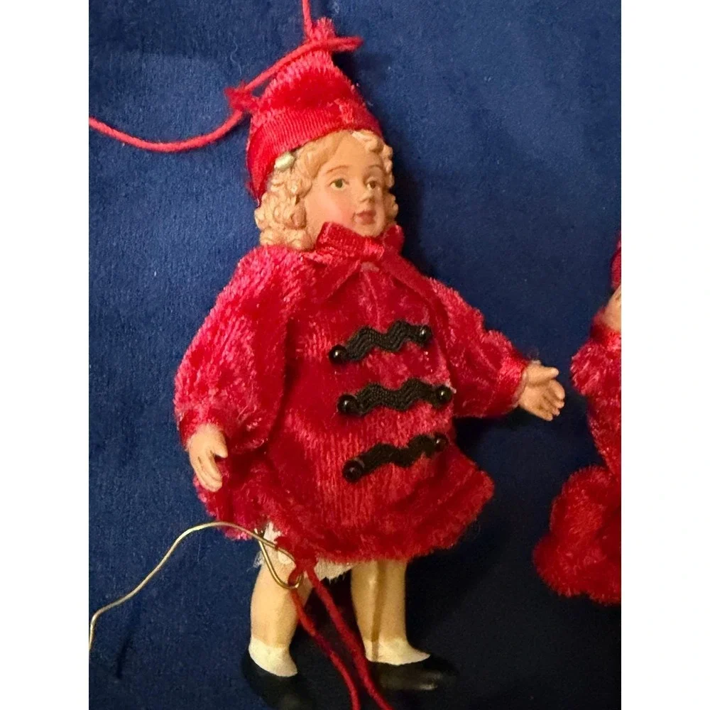 Vintage Red Velvet Christmas Ornaments Set of 6 Victorian Style Boy Girl Figures